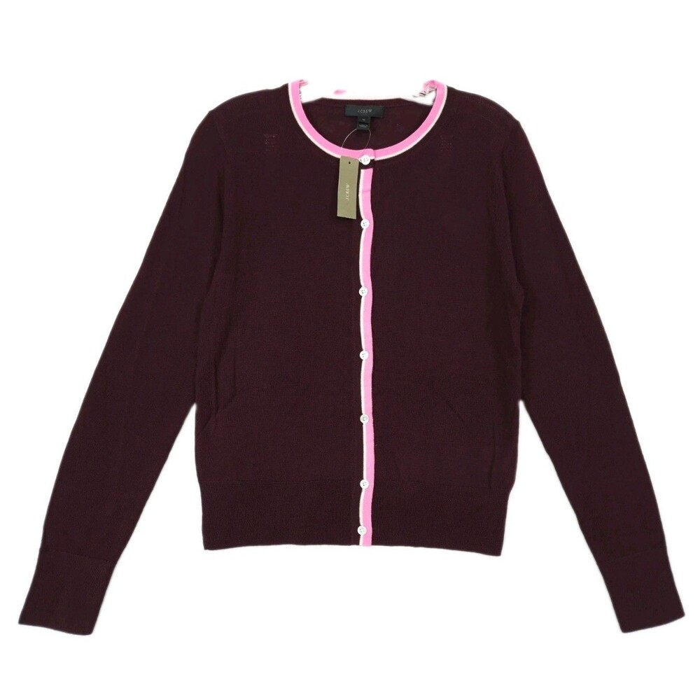 J.Crew Women M Merino Wool Cardigan Burgundy Pink Lightweight Contrast Trim NEW